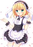  1girl :d animal_ears apron bangs black_hairband black_skirt blonde_hair blue_eyes blush bunny_ears center_frills commentary_request cup eyebrows_visible_through_hair fake_animal_ears fleur_de_lapin_uniform floppy_ears frilled_apron frilled_hairband frilled_skirt frills gochuumon_wa_usagi_desu_ka? hairband hands_up holding holding_cup kedama_(kedama_akaza) kirima_sharo open_mouth petals pleated_skirt puffy_short_sleeves puffy_sleeves shirt short_sleeves simple_background skirt smile solo thighhighs underbust uniform waist_apron waitress white_apron white_background white_legwear white_shirt wrist_cuffs 