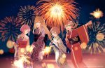  4girls alternate_costume anchor bismarck_(kantai_collection) blonde_hair blue_eyes blush brown_eyes brown_hair eyebrows_visible_through_hair festival fireworks floral_print flower hair_between_eyes hair_flower hair_ornament highres japanese_clothes kantai_collection kimono kirihota long_hair looking_at_viewer multiple_girls night night_sky open_mouth print_kimono prinz_eugen_(kantai_collection) red_hair short_hair sky smile twintails yukata z1_leberecht_maass_(kantai_collection) z3_max_schultz_(kantai_collection) 