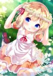  1girl :d apron arms_up bangs blonde_hair blue_eyes blush brown_dress character_name chinomaron collarbone commentary_request day dress dutch_angle eyebrows_visible_through_hair flower flower_wreath frilled_apron frilled_dress frills gochuumon_wa_usagi_desu_ka? grass happy_birthday head_wreath highres kirima_sharo mary_janes neck_ribbon on_grass open_mouth outdoors pantyhose puffy_short_sleeves puffy_sleeves red_footwear red_ribbon ribbon shoes short_sleeves sidelocks sitting smile solo striped striped_legwear wariza white_apron white_flower 