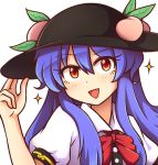  1girl :&gt; :d bangs black_headwear blue_hair blush bow bowtie commentary commission eyebrows_visible_through_hair eyelashes food fruit hair_between_eyes hand_on_headwear hand_up hinanawi_tenshi leaf long_hair looking_at_viewer open_mouth peach puffy_short_sleeves puffy_sleeves red_bow red_eyes red_neckwear shirt short_sleeves sidelocks simple_background smile solo sparkle touhou upper_body white_background white_shirt wool_(miwol) 