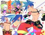  1boy blue_eyes blue_hair chest fire fire_extinguisher frying_pan galo_thymos gloves green_hair kill_la_kill lio_fotia male_focus mankanshoku_mako mato_(mozu_hayanie) open_mouth promare shirtless smile snoring spiked_hair 