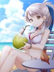  1girl animal beach bikini bird breasts chair drink fire_emblem fire_emblem:_radiant_dawn fire_emblem_heroes hair_ribbon kishiro_az long_hair micaiah navel ribbon scarf silver_hair swimsuit water yellow_eyes yune 