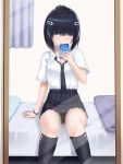  1girl arm_support azur_lane bangs bed black_hair black_legwear black_neckwear black_skirt blue_eyes blush cellphone closed_mouth collared_shirt commentary_request curtains eyebrows_visible_through_hair feet_out_of_frame fingernails hair_between_eyes hair_bun hair_ornament hairclip half-closed_eyes hand_up highres holding holding_cellphone holding_phone i-56_(azur_lane) indoors kneehighs mirror necktie on_bed phone pillow pleated_skirt reflection ribbed_legwear self_shot shirt short_sleeves sitting sitting_on_bed skirt smile solo u2_(5798239) white_shirt 