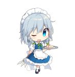  1girl ;d apron bangs black_footwear blue_dress blue_eyes blush bow braid cake chibi commentary_request dress eyebrows_visible_through_hair food frilled_apron frills full_body green_bow green_neckwear green_ribbon hair_between_eyes hair_bow holding holding_knife holding_plate holding_weapon izayoi_sakuya knife looking_at_viewer lowres maid maid_apron maid_headdress neck_ribbon one_eye_closed open_mouth petticoat plate puffy_short_sleeves puffy_sleeves ribbon shirt shoes short_hair short_sleeves silver_hair simple_background smile socks solo standing touhou twin_braids waist_apron weapon white_apron white_background white_legwear white_shirt yada_(xxxadaman) 