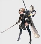  1girl black_gloves black_legwear blindfold blonde_hair boots breasts brown_eyes cleavage cleavage_cutout cosplay djeeta_(granblue_fantasy) dress floating_hair floating_weapon gloves granblue_fantasy grey_background hairband holding holding_sword holding_weapon katana kuma_(darakehoudai) leotard long_hair long_sleeves looking_at_viewer medium_breasts nier_(series) nier_automata puffy_sleeves short_hair simple_background solo sword thigh_boots thighhighs weapon yorha_no._2_type_b yorha_no._2_type_b_(cosplay) 