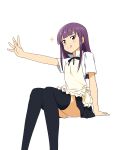  1girl :q absurdres apron bangs black_legwear black_skirt blue_eyes blunt_bangs collar_up commentary_request feet_out_of_frame highres kita_(pixiv61555) long_hair looking_at_viewer neck_ribbon outstretched_hand panties pantyshot pantyshot_(sitting) pleated_skirt purple_hair ribbon shirt short_sleeves sidelocks simple_background sitting skirt solo sparkle thighhighs tongue tongue_out underwear very_long_hair white_background white_panties white_shirt working!! yamada_aoi 