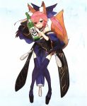  1girl alcohol animal_ears blue_legwear bottle bow breasts cleavage clog_sandals drunk fate/extra fate/extra_ccc fate_(series) fox_ears fox_tail hair_bow highres japanese_clothes kimono legs medium_breasts official_art orange_eyes pink_hair ponytail sake sake_bottle scan tail tamamo_(fate)_(all) tamamo_no_mae_(fate) thighhighs wada_aruko 