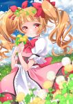 1girl aisaki_emiru arms_up bangs blue_sky blunt_bangs blurry blush bow bowtie cloud commentary_request cure_macherie dandelion day depth_of_field dress eyebrows_visible_through_hair field flower flower_field grass hair_ribbon hands_together head_wreath heart hill holding holding_flower hugtto!_precure kawanobe layered_dress light_particles long_hair looking_at_viewer orange_hair outdoors petticoat pink_dress precure puffy_short_sleeves puffy_sleeves red_eyes red_neckwear ribbon short_sleeves sky smile solo twintails twitter_username 