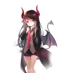  1girl black_coat black_skirt brown_hair brown_shirt coat deany demon_girl demon_tail demon_wings facial_mark hand_in_pocket hand_to_own_mouth horns long_hair necktie red_eyes red_neckwear shirt skirt solo soul_worker stella_unibell tail thigh_gap wings 