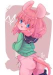  1girl animal_ears ass blue_eyes blue_skirt clothes_lift commentary from_behind furry green_sweater highres lifted_by_self looking_back mouse_ears mouse_girl_(yuuki_(yuyuki000)) mouse_tail open_mouth original panties pink_hair pink_panties school_uniform serafuku shirt short_hair side-tie_panties skirt skirt_pull smile solo sweater sweater_lift tail tail_cutout underwear white_shirt yuuki_(yuyuki000) 