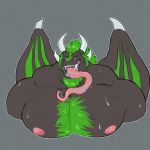  1:1 anthro bust_portrait dragon dunai_the_dragon fur green_fur green_hair hair hi_res horn huge_muscles long_tongue male membrane_(anatomy) membranous_wings muscular muscular_male pecs portrait scalie solo tongue western_dragon wings 