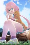  1girl aosora_neko blue_eyes blue_sky chopsticks cloud cup_noodle day eating food foreshortening from_below grass highres jacket kagamihara_nadeshiko log long_hair low_twintails noodles open_mouth outdoors pink_hair ramen shirt shoes shorts sitting sky sneakers socks solo striped striped_shirt twintails very_long_hair yurucamp 