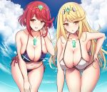  2girls ass_visible_through_thighs bikini black_bikini blonde_hair blush breasts choker cleavage cloud collarbone commentary_request earrings feet_out_of_frame hand_on_own_ass hand_on_own_knee hanging_breasts highres hikari_(xenoblade_2) homura_(xenoblade_2) jewelry large_breasts long_hair looking_at_viewer multiple_girls noeomi open_mouth red_hair short_hair side-tie_bikini sky smile swimsuit thighs tiara wet white_bikini xenoblade_(series) xenoblade_2 yellow_eyes 