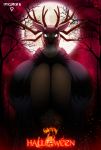  2018 absurd_res anthro antlers big_breasts black_lips breasts cape cervid clothed clothing female full_moon fully_clothed fur glowing glowing_eyes halloween hi_res holidays horn huge_breasts hyper hyper_breasts lips looking_at_viewer mammal moon smile solo specimen_8 spooky&#039;s_jump_scare_mansion walter_sache wendigo 