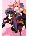  2girls animal_ears aqua_eyes black_hair bow carrying fate/extra fate_(series) fox_girl fox_tail frustrated highres japanese_clothes kimono multiple_girls open_mouth piggyback pink_hair pointing scan shoes skirt tail tamamo_(fate)_(all) tamamo_no_mae_(fate) thighhighs toosaka_rin turtleneck twintails wada_aruko yellow_eyes 