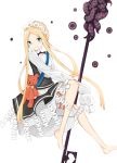  1girl abigail_williams_(fate/grand_order) absurdres bangs barefoot black_dress blonde_hair bloomers blue_eyes blush bow braid butterfly_hair_ornament closed_mouth commentary_request dress fate/grand_order fate_(series) forehead hair_ornament heart heroic_spirit_chaldea_park_outfit highres long_hair long_sleeves looking_at_viewer orange_bow parted_bangs shirt sidelocks simple_background sleeveless sleeveless_dress sleeves_past_fingers sleeves_past_wrists smile solo stuffed_animal stuffed_toy teddy_bear tentacles underwear very_long_hair white_background white_bloomers white_shirt yukaa 