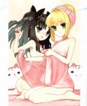  2girls annoyed aqua_eyes barefoot black_hair blonde_hair bow cat clenched_hand fate/extra fate_(series) green_eyes highres kneeling long_legs looking_at_viewer multiple_girls nero_claudius_(fate) nero_claudius_(fate)_(all) nude scan stuffed_animal stuffed_toy toosaka_rin towel twintails wada_aruko 