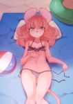  1girl animal_ears ass_visible_through_thighs ball beach beach_towel beachball bikini bikini_pull blue_eyes blush flat_chest furry groin hand_on_own_stomach highres innertube lying mouse_ears mouse_girl_(yuuki_(yuyuki000)) mouse_tail naughty_face navel on_back open_mouth original pillow pink_hair pulled_by_self purple_bikini short_hair side-tie_bikini smile solo swimsuit tail thigh_gap thighs towel untied untying yuuki_(yuyuki000) 