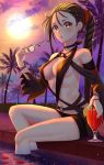  1girl :o black_hair black_sleeves black_swimsuit blush braid breasts brown_eyes commentary_request consort_yu_(fate) eyewear_removed fate/grand_order fate_(series) food fruit glass glasses hair_ornament hair_scrunchie heroic_spirit_chaldea_park_outfit highres hinata_minami holding holding_eyewear lemon lemon_slice long_braid long_hair looking_at_viewer medium_breasts navel o-ring o-ring_swimsuit palm_tree partially_submerged poolside red_scrunchie scrunchie sideboob single_braid sitting solo sunset swimsuit tree tropical_drink very_long_hair 