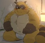  2019 anthro belly blush brown_fur bulge canid canine clothing fundoshi fur hyaku1063 japanese_clothing japanese_text male mammal moobs navel overweight overweight_male raccoon_dog sitting solo tanuki text underwear 