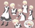  1girl aaru_(kerogero1582) apron bangs blonde_hair blue_eyes blush braid brown_background collar darjeeling french_braid girls_und_panzer heart highres leaning_forward long_sleeves maid maid_headdress open_mouth orange_hair orange_pekoe ribbon simple_background socks standing sweatdrop thumbs_up tied_hair tray 