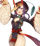  1girl :d absurdres black_dress braid breasts china_dress chinese_clothes claw_pose claws cleavage_cutout commentary_request cowboy_shot dress fang fate/grand_order fate_(series) hat hat_feather heroic_spirit_chaldea_park_outfit highres horns jiangshi korean_commentary long_sleeves looking_at_viewer looped_braids no_panties ofuda oni_horns open_mouth pelvic_curtain purple_eyes purple_hair red_sash sash shuten_douji_(fate/grand_order) simple_background small_breasts smile solo sookmo thighs twin_braids white_background wide_sleeves 