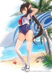  1girl ahoge alternate_costume bangs beach black_hair blue_swimsuit blush breasts chair cleavage collarbone covered_navel day eyebrows_visible_through_hair grin hair_between_eyes hand_on_own_head holding_surfboard iris_yuma leaning_forward long_hair looking_at_viewer medium_breasts neckerchief old_school_swimsuit outdoors palm_tree ponytail rainmaker red_eyes red_neckwear sailor_collar school_swimsuit school_uniform see-through serafuku shoes sidelocks skindentation smile solo soul_worker standing starfish sunlight swimsuit swimsuit_under_clothes thighhighs tree very_long_hair watermark wet wet_clothes white_footwear white_legwear wristband 