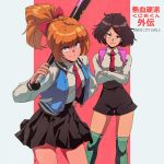  2girls backpack bag baseball_bat black_skirt blue_eyes brown_hair commentary contrapposto copyright_name crossed_arms david_liu english_commentary green_legwear gunbuster_pose hair_ornament hair_ribbon high_ponytail highres jacket kunio-kun_series kyoko_(kunio-kun) letterman_jacket long_hair looking_at_viewer misako_(kunio-kun) multiple_girls necktie orange_hair over-kneehighs red_eyes red_neckwear red_ribbon ribbon river_city_girls short_hair shorts skirt smug standing thighhighs x_hair_ornament 