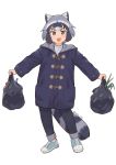  1girl :d absurdres alternate_costume animal_ear_fluff animal_ears animal_print bag bangs blue_footwear blush brown_eyes coat common_raccoon_(kemono_friends) cross-laced_footwear denim duffel_coat fang food full_body grey_hair highres holding jeans kemono_friends long_sleeves looking_at_viewer multicolored_hair nakta open_mouth outstretched_arms pants pants_rolled_up plastic_bag pocket raccoon_ears raccoon_tail sanpaku shoes shopping_bag short_hair simple_background skin_fang smile sneakers solo standing striped_tail tail twitter_username v-shaped_eyebrows white_background 