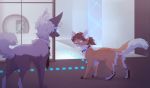  2019 blue_eyes brown_hair canid canine chell detailed_background digital_media_(artwork) domestic_cat duo eyewear felid feline felis feral feralized fox fur glasses grey_fur hair hi_res mammal paws portal_(series) reysi tan_fur valve video_games wheatley white_fur white_hair 