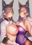  2girls :o alternate_costume amane_ruri animal_ears areolae asymmetrical_docking atago_(azur_lane) azur_lane bangs black_hair blush breast_press breasts brown_eyes bunny_ears bunny_girl bunnysuit closed_mouth dual_persona extra_ears eyebrows_visible_through_hair hair_ribbon highres large_breasts long_hair looking_at_viewer mole mole_under_eye multiple_girls nipples ribbon shrug_(clothing) smile swept_bangs white_ribbon wrist_cuffs 