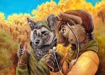  2019 5_fingers anthro blue_eyes brown_hair canid canine canis clothed clothing day detailed_background domestic_dog duo fingers grey_eyes hair kashmere male mammal open_mouth outside smile teeth tongue traditional_media_(artwork) 