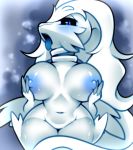  anthro big_breasts black_sclera blue_eyes blue_nipples blue_tongue bodily_fluids breasts dragon female fur furred_dragon legendary_pok&eacute;mon looking_at_viewer nintendo nipples nude pok&eacute;mon pok&eacute;mon_(species) raikissu reshiram solo sweat tongue tongue_out video_games white_body white_fur 