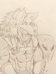  abs absurd_res armor bathym blush canid canine canis cheek_pull demon hi_res horn male mammal mane_hair muscular muscular_male pecs straps tokyo_afterschool_summoners unconvincing_armor video_games wolf ふぁい 
