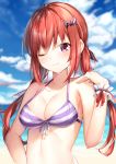  1girl bare_arms bare_shoulders bat_hair_ornament bikini blue_sky blurry blurry_background breasts cleavage closed_mouth cloud cloudy_sky collarbone commentary_request day depth_of_field fang front-tie_bikini front-tie_top gabriel_dropout glint hair_ornament hair_ribbon halterneck hand_up highres kurumizawa_satanichia_mcdowell long_hair looking_at_viewer low_twintails medium_breasts ocean one_eye_closed pink_eyes purple_bikini red_hair ribbon scrunchie shiero. sidelocks sky smile solo stomach striped striped_bikini swimsuit twintails upper_body v-shaped_eyebrows wrist_scrunchie 
