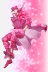  1boy alternate_hair_color belt chain cherry_blossoms closed_mouth earrings floral_print gakuran hands_in_pockets hat highres jewelry jojo_no_kimyou_na_bouken kuujou_joutarou long_coat looking_at_viewer male_focus pants patterned_background pink_background pink_hair pink_pants pink_shirt pink_theme school_uniform shirt shooarashi solo stud_earrings thick_eyebrows 