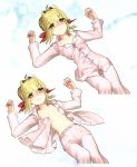  1girl ahoge bangs blonde_hair blush breasts buttons embarrassed fate/extra fate/extra_ccc fate_(series) green_eyes hair_ribbon half-closed_eyes highres leaning_back nero_claudius_(fate)_(all) official_art open_clothes open_pajamas open_shirt pajamas parted_lips ribbon scan smile solo unbuttoned wada_aruko 
