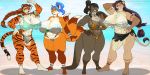  abs anthro big_breasts bikini breasts canid canine chest_tuft cleavage clothed clothing felid female fox group hi_res huge_breasts lion mammal muscular muscular_female pantherine scar swimwear tiger tuft vkyrie 