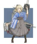  1girl alternate_costume anchor bangs blonde_hair blue_eyes blush boots breasts clock colorado_(kantai_collection) cross-laced_footwear dated eyebrows_visible_through_hair full_body garrison_cap hakama hakama_skirt hat headgear holding japanese_clothes kantai_collection kawashina_(momen_silicon) kimono lace-up_boots lattice_mast long_sleeves meiji_schoolgirl_uniform open_mouth rigging school_uniform signature solo standing striped tasuki wide_sleeves 