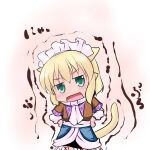  1girl animal_ears arm_warmers bangs black_skirt blonde_hair blush brown_jacket cat_ears cat_tail chibi commentary_request cowboy_shot extra_ears eyebrows_visible_through_hair fang green_eyes head_tilt hoshizuki_(seigetsu) jacket jitome kemonomimi_mode looking_at_viewer maid_headdress mizuhashi_parsee multicolored_clothes multicolored_jacket open_mouth pointy_ears puru-see_(hoshizuki_(seigetsu)) sash scarf short_hair short_sleeves skin_fang skirt solo tail touhou trembling white_sash white_scarf 