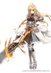  1girl ahoge armor armored_boots armpits belt black_legwear blonde_hair blush boots breasts brown_eyes closed_mouth faulds floating_hair full_body gauntlets haru_estia holding holding_sword holding_weapon huge_weapon knee_boots large_breasts long_hair looking_at_viewer official_art rainmaker shirt shoulder_armor simple_background skirt sleeveless smile solo soul_worker standing sword taut_clothes taut_shirt weapon white_background 