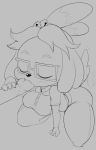  2018 animal_crossing anthro big_breasts blush bodily_fluids breasts canid canine canis clothed clothing domestic_dog duo eyes_closed female fur hair hand_in_mouth isabelle_(animal_crossing) mammal monochrome nintendo purple_yoshi_draws saliva shih_tzu simple_background tongue tongue_out toy_dog video_games yellow_fur 