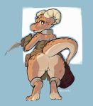  bag bandeau belt belt_pouch big_butt butt clothing female gloves handwear hi_res horn knife kobold latchk3y loincloth looking_at_viewer looking_back open_mouth piko pussy rear_view reptile scalie short_stack solo thick_tail thick_thighs weapon 
