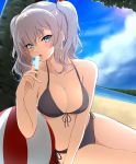  1girl ball bangs beach beachball bikini blue_eyes blue_sky blush breasts cleavage collarbone cowboy_shot day eyebrows_visible_through_hair food grey_bikini groin highres holding holding_food kantai_collection kashima_(kantai_collection) large_breasts long_hair looking_at_viewer navel nuka_(nvkka) ocean outdoors popsicle sand sidelocks silver_hair sitting sky solo stomach swimsuit thighs tsurime twintails wavy_hair yokozuwari 