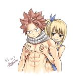  1boy 1girl abs artist_name bare_chest black_eyes blonde_hair blue_ribbon brown_eyes check_commentary commentary_request crop_top cropped_torso dated fairy_tail grin groping hair_ribbon hetero lucy_heartfilia mashima_hiro natsu_dragneel navel pectoral_grab pectorals pink_hair ribbon scarf shirtless simple_background smile smug spiked_hair sweatdrop tattoo vest white_background white_scarf 