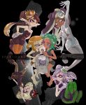  6+girls absurdres aori_(splatoon) bare_shoulders barefoot bike_shorts black_background breasts cleavage crown facial_tattoo gloves green_hair hideyoshi_(swliyhbpe9xqqze) highres hime_(splatoon) holding_hands hotaru_(splatoon) iida_(splatoon) inkling looking_at_another mole mole_under_eye mole_under_mouth multicolored_hair multiple_girls octoling orange_eyes pointy_ears shirt silver_hair splatoon_(series) splatoon_2 splatoon_2:_octo_expansion sports_bra t-shirt tattoo tentacle_hair toes two-tone_hair upside-down white_gloves 