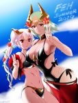  2girls akino_(gokosei) armpit_peek bikini black_bikini black_swimsuit breasts cleavage cloud cloudy_sky copyright_name cowboy_shot day dutch_angle ear_piercing eyebrows_visible_through_hair fire_emblem fire_emblem_heroes flower green_hair hair_between_eyes hair_flower hair_ornament hair_vines horn_ornament laegjarn_(fire_emblem) laevatein_(fire_emblem) large_breasts looking_at_viewer medium_breasts midriff multicolored_hair multiple_girls navel one-piece_swimsuit orange_hair outdoors parted_lips piercing red_eyes sarong siblings side-tie_swimsuit sideboob silver_hair sisters sky smile swimsuit twintails twitter_username two-tone_hair v wet 