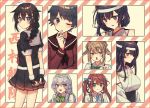  6+girls :o ahoge asagumo_(kantai_collection) bangs black_gloves black_hair blush bow bowtie braid breasts brown_hair eyebrows_visible_through_hair fingerless_gloves floral_print fusou_(kantai_collection) gloves hair_ornament hairband headband headgear highres japanese_clothes kantai_collection long_hair long_sleeves michishio_(kantai_collection) mogami_(kantai_collection) multiple_girls remodel_(kantai_collection) sailor_collar saitu_miki school_uniform serafuku shigure_(kantai_collection) short_hair short_sleeves silver_hair single_braid skirt smile striped striped_background suspenders twintails twitter_username yamagumo_(kantai_collection) yamashiro_(kantai_collection) 