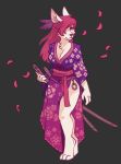  2018 3_toes 4_fingers anthro barefoot breasts canid canine cheek_tuft chest_tuft clothed clothing digital_media_(artwork) eyelashes female fingers fur hair japanese_clothing katana kimono long_hair mammal melee_weapon paws petals pink_hair pink_nose retros solo standing sword toes tuft weapon white_fur 