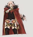  1boy armor astolfo_(fate) belt black_bow black_ribbon bleeding blood blood_from_mouth blood_on_arm blood_on_face bow braid cloak cuts fate/grand_order fate_(series) fur_collar fur_trim garter_straps gauntlets grey_background hair_intakes hair_ribbon injury long_braid looking_at_viewer male_focus multicolored_hair nosebleed pink_hair purple_eyes red_cloak ribbon simple_background single_braid sketch standing streaked_hair u_5ham0 wiping_face wiping_nose 